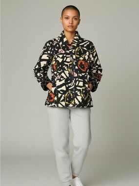 Yak Magik Abstract Brushstroke Print Women's Jean Jacket in Black & Cream M